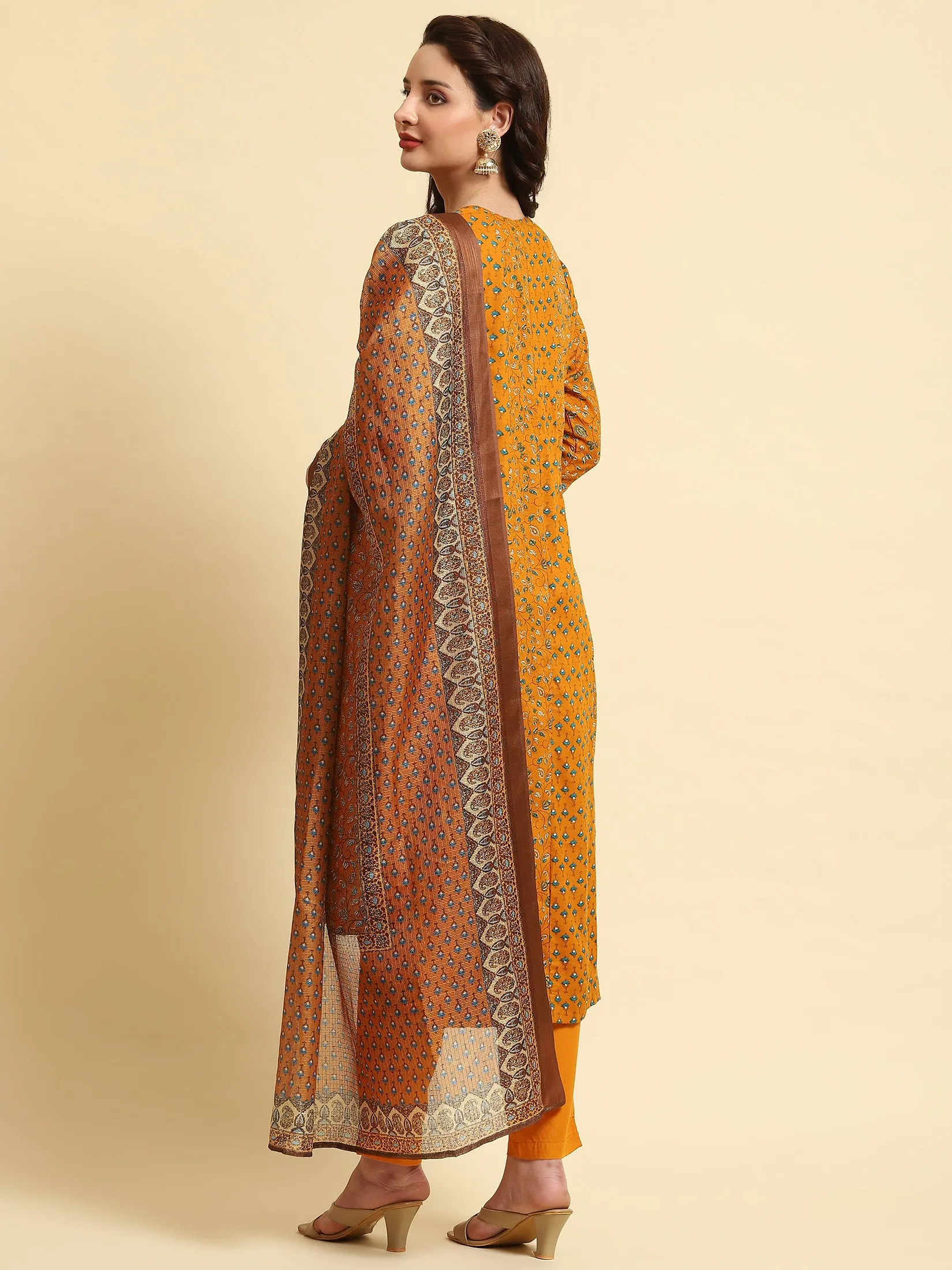 Women Yellow A-line Printed Kurta Trouser Dupatta