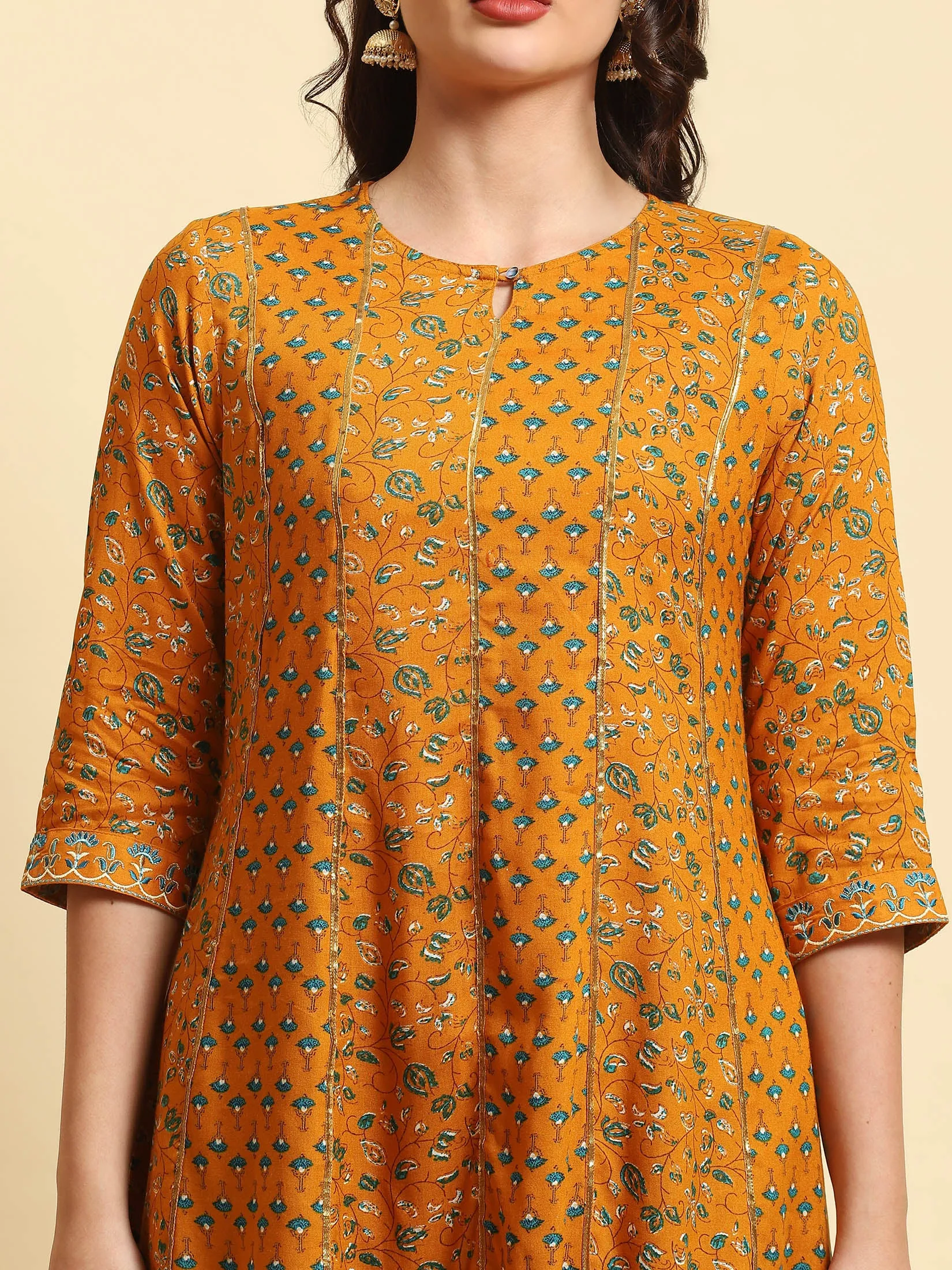 Women Yellow A-line Printed Kurta Trouser Dupatta