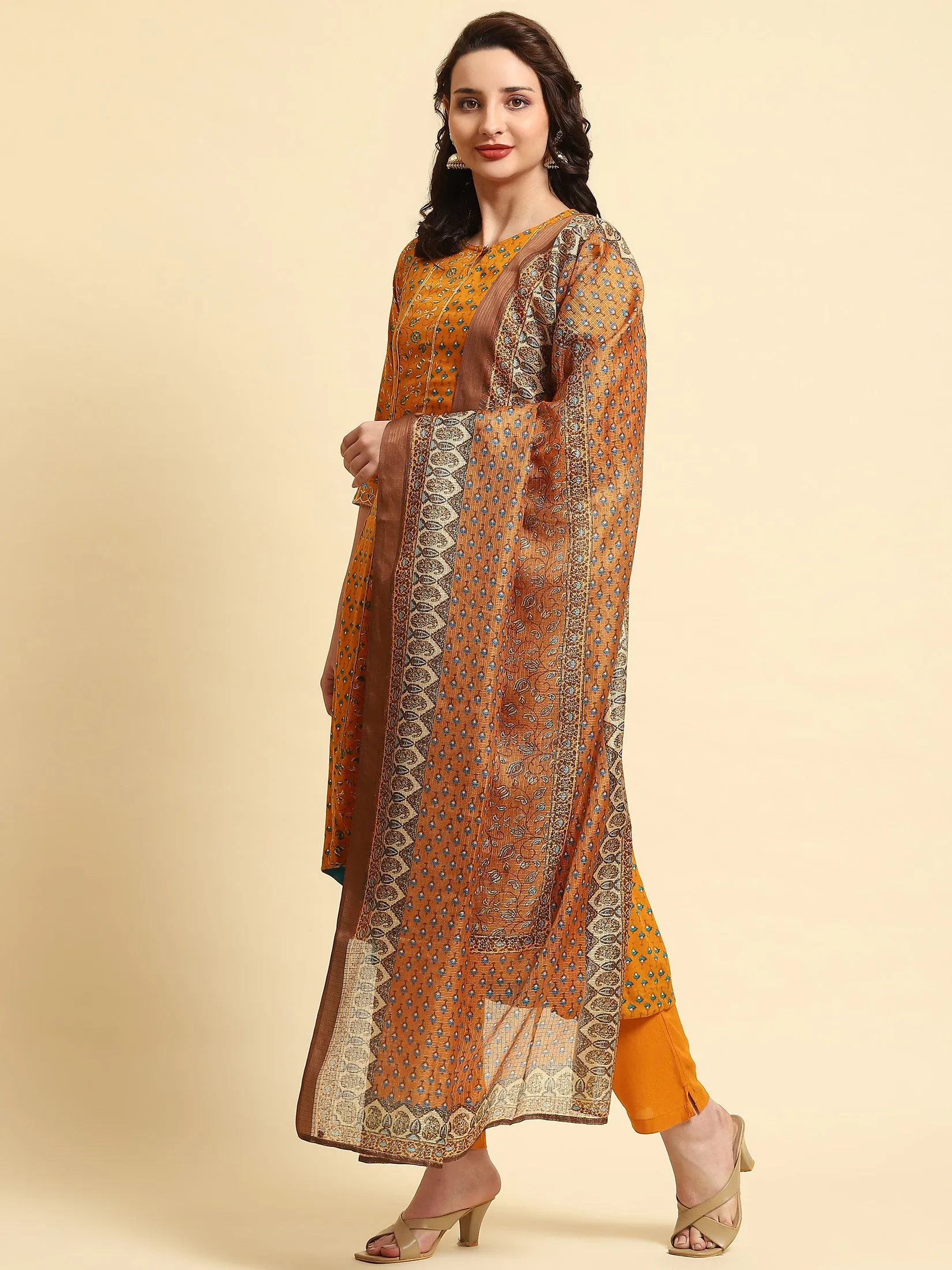 Women Yellow A-line Printed Kurta Trouser Dupatta