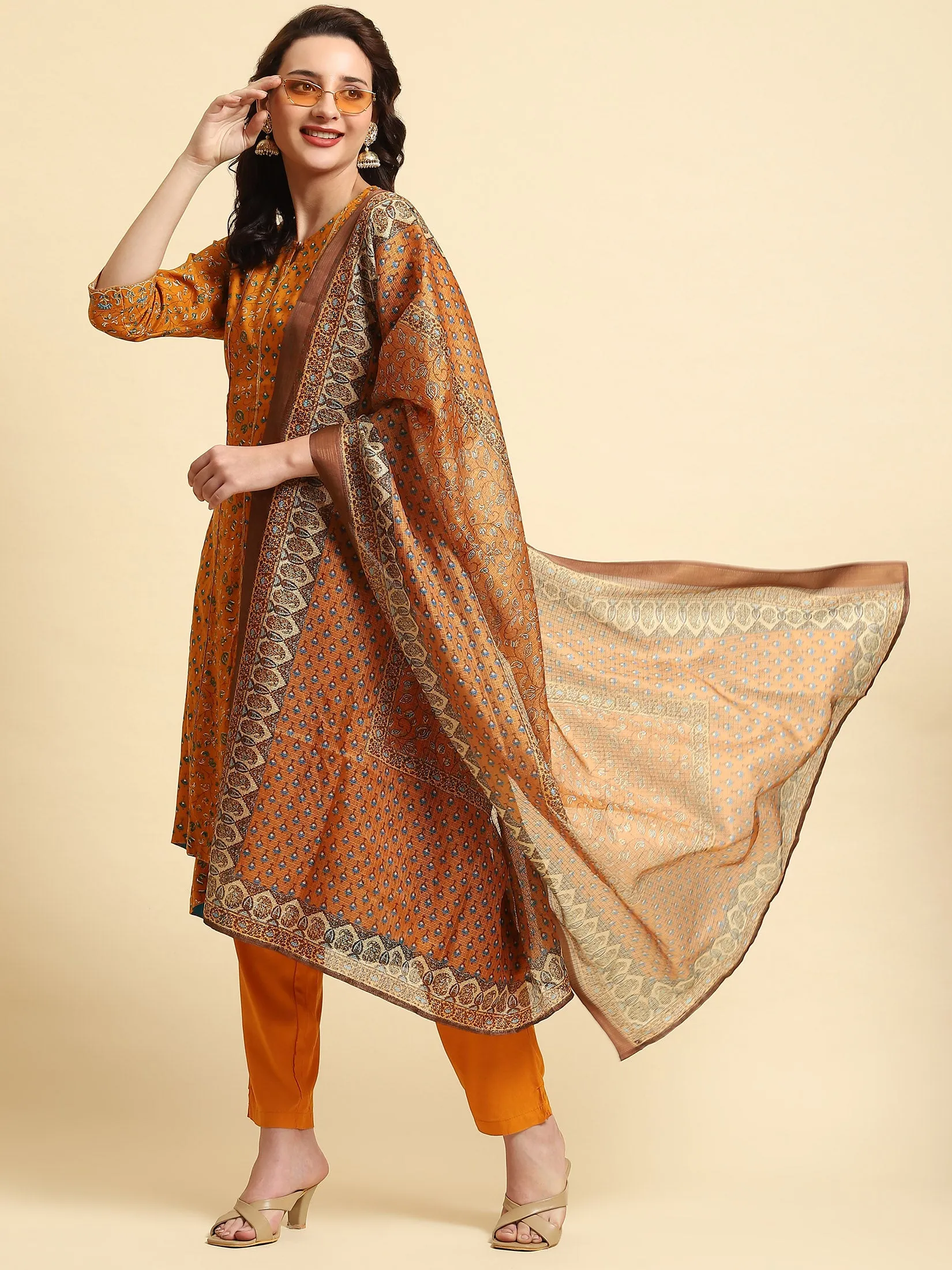 Women Yellow A-line Printed Kurta Trouser Dupatta