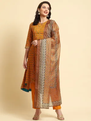 Women Yellow A-line Printed Kurta Trouser Dupatta