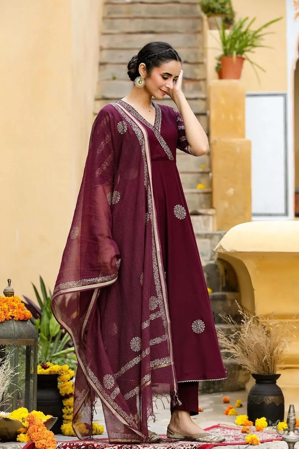 Women's Cotton Blend Printed Anarkali Kurta with Pant & Dupatta - Wine