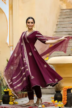 Women's Cotton Blend Printed Anarkali Kurta with Pant & Dupatta - Wine