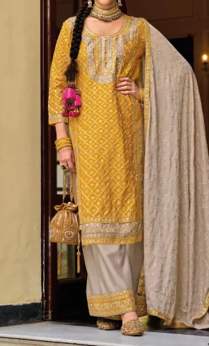 Yellow Brown Designer work Salwar Suit ( Set of 3)