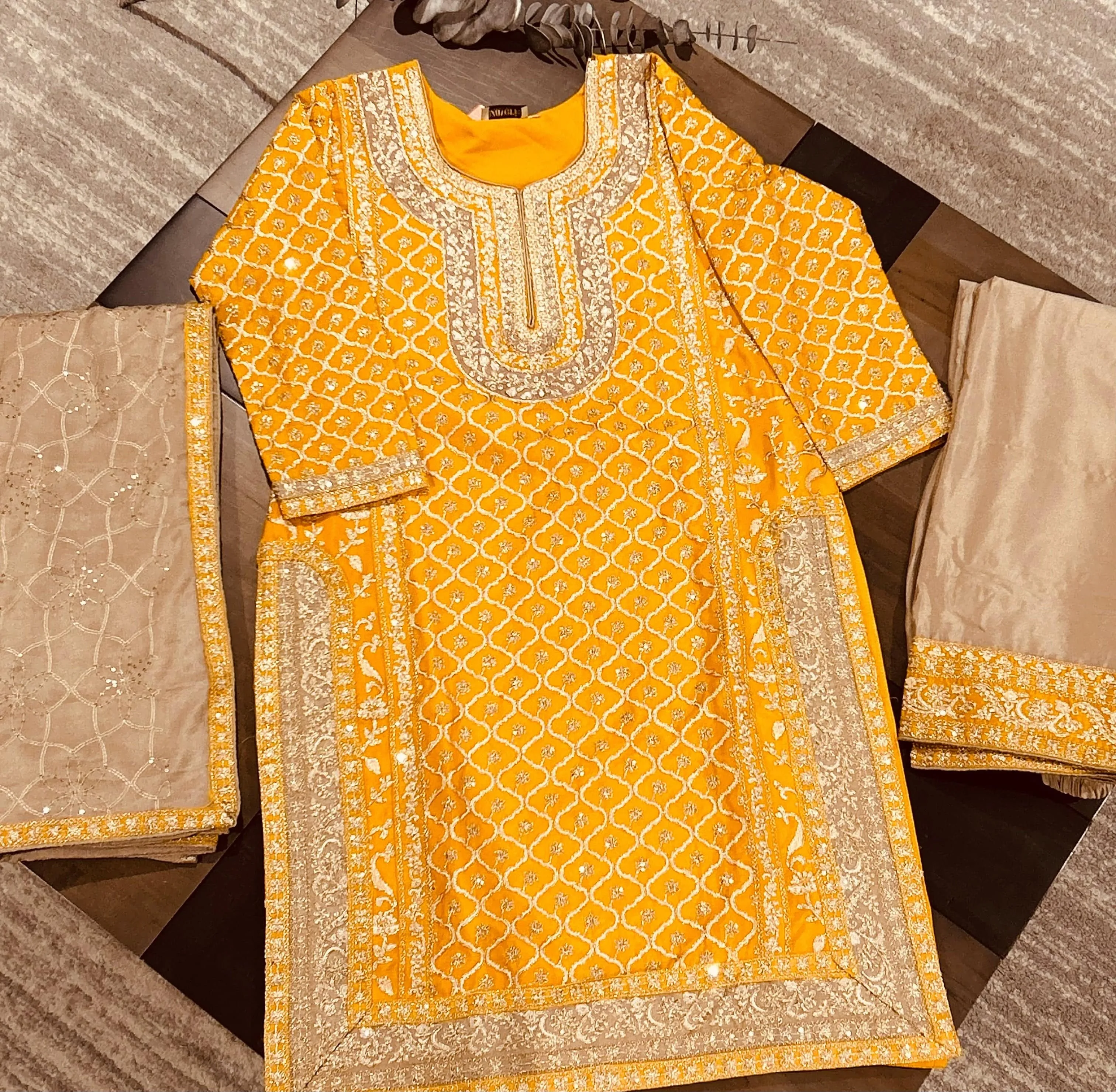 Yellow Brown Designer work Salwar Suit ( Set of 3)